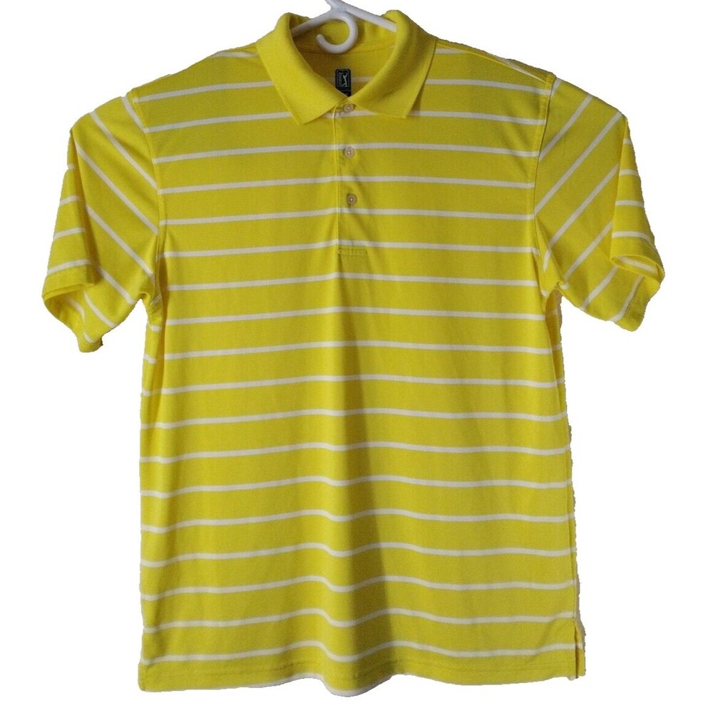 PGA Tour Golf Shirt Men's L Yellow/White Stripes Short Sleeve Breathable Polo